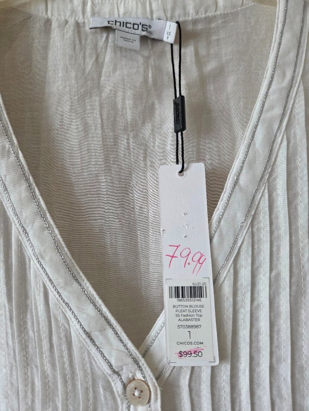 NWT Chico's Size 1/M White Babydoll Blouse Pleated Front Gathered Sleeve Sheer - Picture 9 of 12